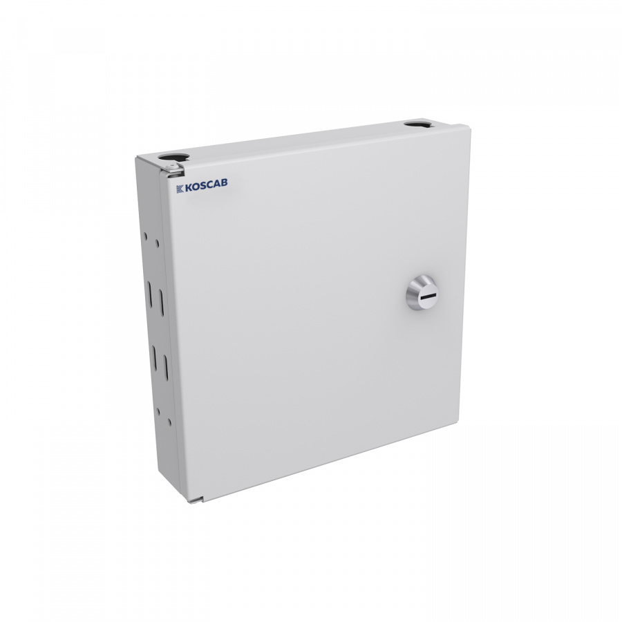 Кросс KOSCAB оптический настенный Мини, укомплектованный, 8 портов LC/UPC duplex, 50/125 мкм (сплошная панель, ложемент, пигтейлы, КДЗС, адаптеры) сер